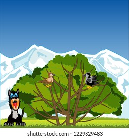 Tree with bird and animals on glade