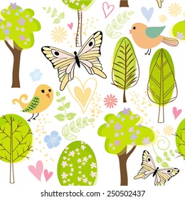 Tree Bird Butterfly Forest Seamless Vector