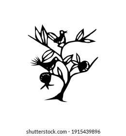 Ilustración naïve de árbol y pájaro. Ilustración vectorial