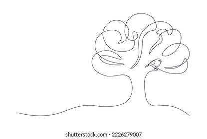Tree with bird in one continuous line. Drawing tree with single continuous line. Linear illustration in minimalist style on white isolated background.