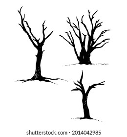 Tree and bird raven silhouette, hand drawn vector sketch, isolated on white background