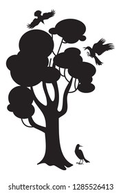 Tree and bird silhouette. Isolated on white