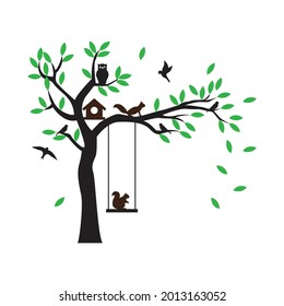 Tree with Bird and Squirrel, Vector illustration