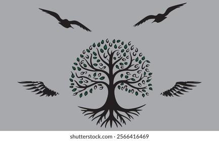 Tree Bird Wings vector art eps