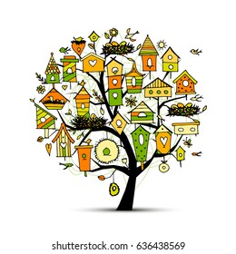 Tree with birdhouses, sketch for your design. Vector illustration