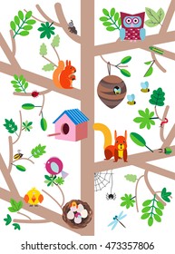 Tree with birds, animals and nesting boxes, insects flat vector illustration