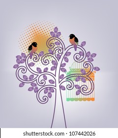 tree birds and cage