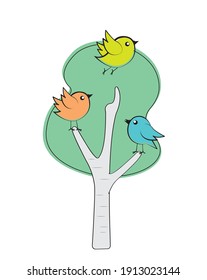 Tree with birds cartoon illustration, vector. Childish colorful wall decals isolated on white background. Cute birds silhouettes. Wall art, artwork