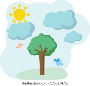 Árbol, pájaros, nubes y sol con fondo y sombras