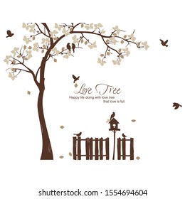 Tree with birds flying and a fence - Vector