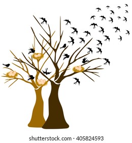 tree with birds flying and birds nest background vector illustration
