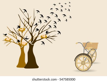 tree with birds flying out and birds nest background. wooden retro bicycle. vector illustration