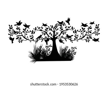 Tree with birds Icon Vector illustration. flying birds on tree branch. leaf sign, emblem isolated on white background, Flat style for graphic and silhouette, logo. EPS10 black pictogram.