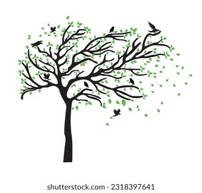 árbol con pájaros y hojas aisladas en fondo blanco. Ilustración vectorial.