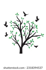 tree with birds and leaves on white background. Vector illustration. Eps 10.