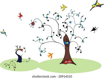Tree and birds in Miro style