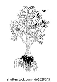 Tree and birds, monochrome