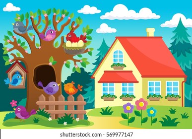 Tree with birds near house - eps10 vector illustration.