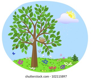 Tree with birds and nest on the background of the summer landscape with flowers and insects.Vector Illustration.