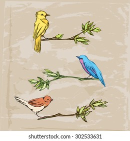 Tree birds on sitting on a branches, sketch birds