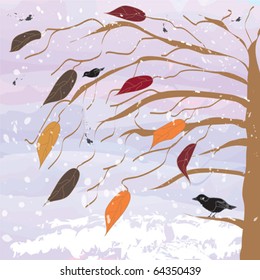 Tree with birds on sunset background with snowfall
