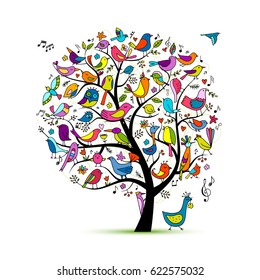 Tree with birds, sketch for your design