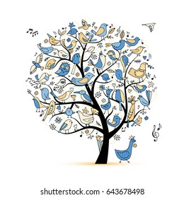 Tree with birds, sketch for your design