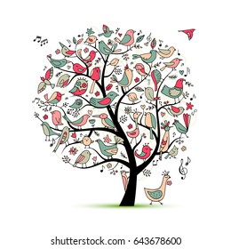 Tree with birds, sketch for your design