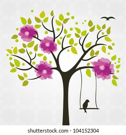 Tree and birds stylized with flowers and swing.