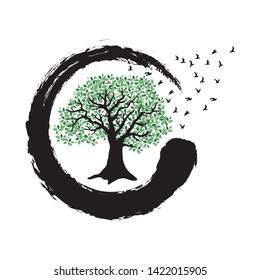 tree and birds and zen symbol , vector logo icon