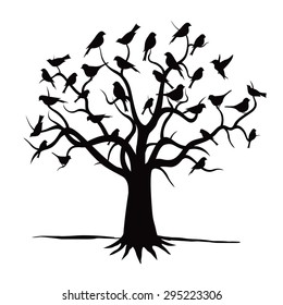 Tree and Black Birds. Vector Illustration.