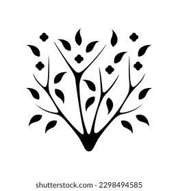 Baum schwarzes Symbol. Handgezeichnete einfache Vektorgrafik. Stilvoll blühender Baum einzeln auf weißem Hintergrund. Bestens für nahtlose Muster, Druck, Tattoo, Web, Logo-Erstellung und Markendesign.