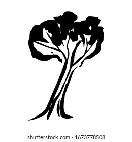Baumschwarze Silhouette einzeln auf weißem Hintergrund, farbige Textur, handgezeichnete Pflanze mit Stamm, Äste und Blätter. Natürlicher Hintergrund, Kartenbanner-Design für Ihren Text, Kopienraum. Vektorillustration