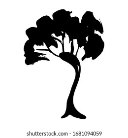 Silueta negra de árbol aislada sobre fondo blanco, textura de tinta gruesa, planta dibujada a mano con tronco, ramas y hojas. Fondo natural, diseño de banner de tarjeta para el texto, espacio de copia. Vector