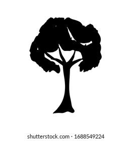 Tree black silhouette isolated on white background, grunge ink texture, hand drawn plant, branches and leaves. Natural background, card banner design for your text, copy space. Vector illustration
