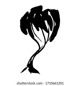 Tree black silhouette isolated on white background, grunge ink texture, hand drawn plant, branches and leaves. Natural background, card banner design for your text, copy space. Vector