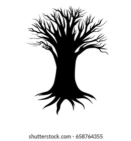 Tree black silhouette on a white background. Tree without leaves, vector