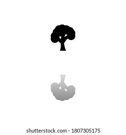 Tree. Black symbol on white background. Simple illustration. Flat Vector Icon. Mirror Reflection Shadow. Can be used in logo, web, mobile and UI UX project