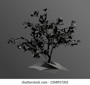 Tree in Black and White. Dark Low Poly Vector Greyscale Silhouette 3D Rendering