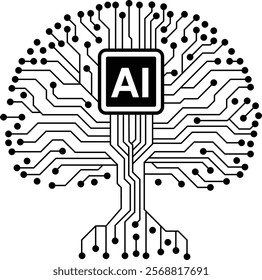 A tree with a black and white design of a brain with the letters AI on it