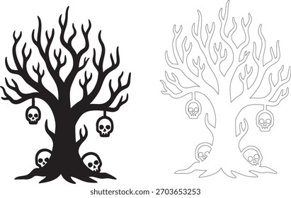 Der Baum ist schwarz-weiß und hat Schädel, die von seinen Zweigen hängen. Es ist eine Halloween Dekoration
