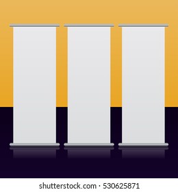 Tree blank roll up banners, front view display white templates,  realistic mockup, used for presentation, ad information, business reports, exposition, exhibition, vector illustration
