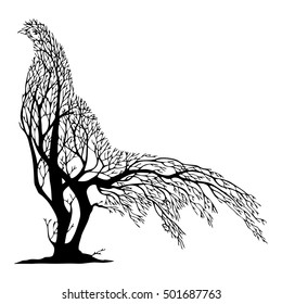 The tree blend to Chicken shape silhouette, with white isolated vector