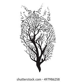 Tree blend to wolf head, drawing tattoo vector