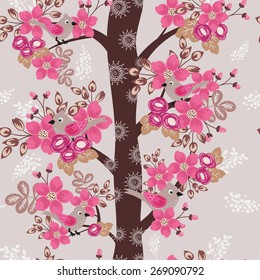 Tree in blossom - floral vector seamless pattern with birds