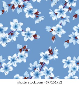 Tree blossom seamless vector pattern for linen textile, curtains background. Blue flowers textile, tree branches with blossom background graphic design.