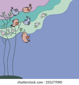 tree with blossoms and birds. spring illustration