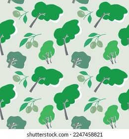 Árbol que sopla en el viento y aceitunas colgando de sus ramas.  Patrón gráfico sin brillo para el textil, fondo.  Todos los colores se pueden cambiar fácilmente