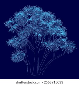 Tree with blue leaves and a blue background. The tree is lit up and he is glowing