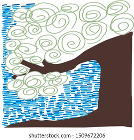 Tree with blue sky background. Abstract drawing.